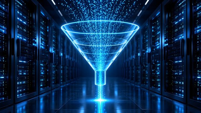 Translucent digital funnel aggregating glowing data particles between server racks in modern datacenter for information refinement