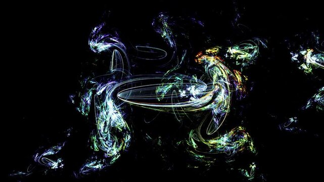 An abstract fractal visualization featuring swirling, dynamically moving neon light effects set against a pitch-black background. 