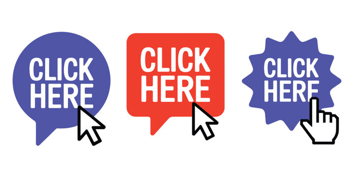 Vibrant set of red and blue web buttons featuring click here text with mouse cursors pointing at icons on a white background.