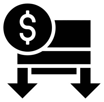 Dollar currency symbol with downward arrows in a black vector icon