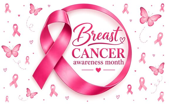 Breast Cancer Awareness Month Pink ribbon breast cancer awareness month graphic with butterfly pattern background for support hope and community message