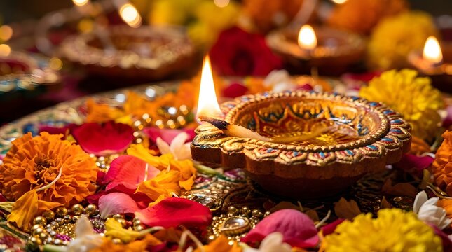 A traditional diya lamp with a burning wick rests among marigold flowers and festive decorations diwali deepavali oil clay festival lights hindu indian flower petals