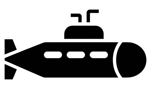 A black silhouette icon of a submarine with a periscope for underwater naval exploration