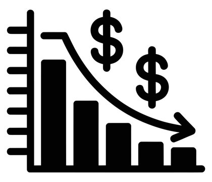 Black vector icon of a bar chart illustrating financial decline with dollar signs and a downward arr