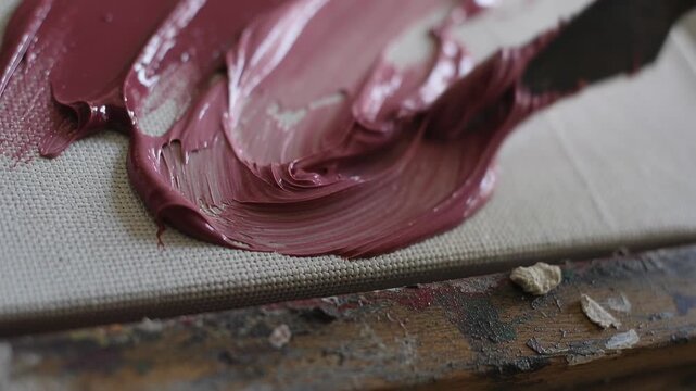 Pulling palette knife from right edge, artist shaping mauve paint on studio canvas