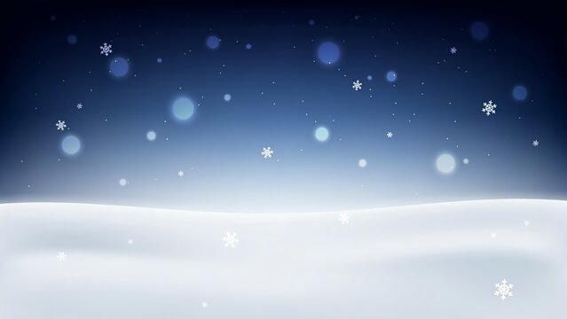 Magical winter landscape featuring falling snow flakes against dark blue night sky with glowing bokeh lights