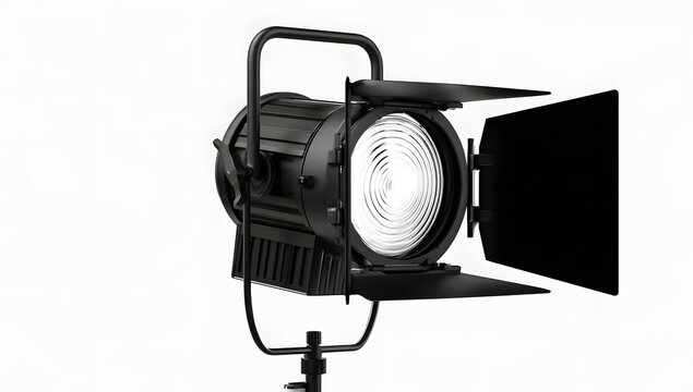 A high-quality professional black film, equipped with adjustable barn doors, displayed on a transparent background