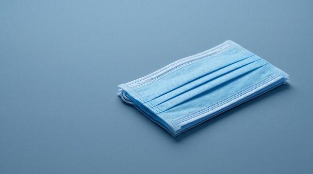 Minimalist view of a stacked blue disposable medical face mask isolated on a clean soft blue background with studio lighting for health safety and hygiene concepts