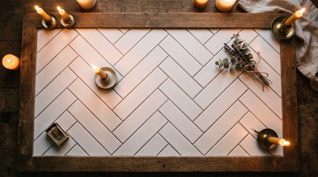 Aesthetic flat lay of white herringbone tiles in a rustic wooden frame surrounded by warm glowing candles and dried lavender flowers for a cozy moody interior design background or craft phot