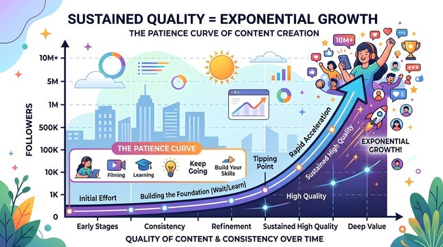 Content creation growth curve illustration showing exponential follower increase over time with digital icons and infographic elements