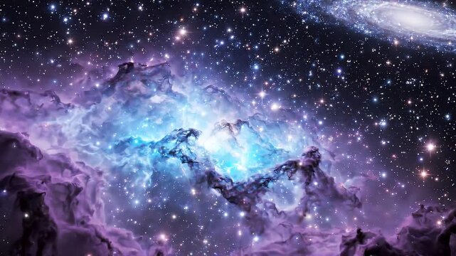 Deep space nebula and spiral galaxy: cinematic cosmic background, with glowing star clusters