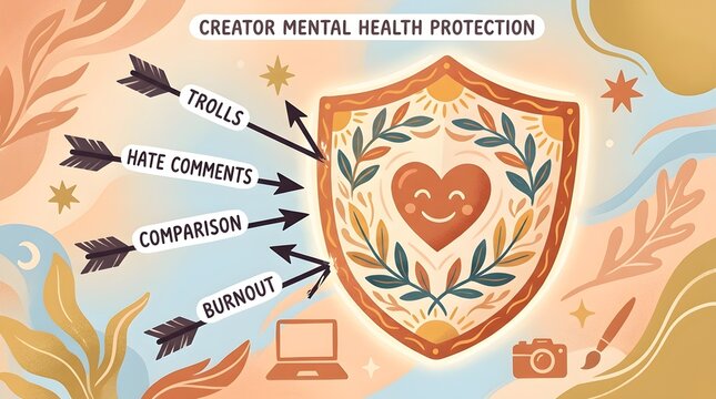 Illustrated mental health shield protecting creator heart from online attacks colorful vector art