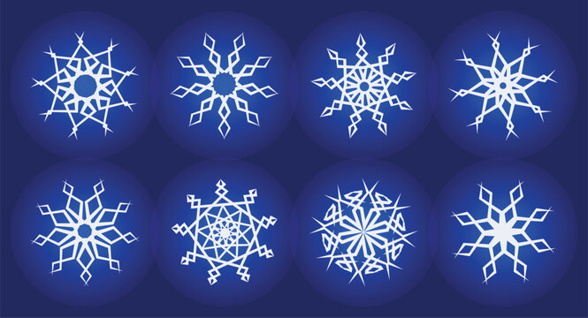 Glowing white snowflakes set on deep blue backdrop with soft halo