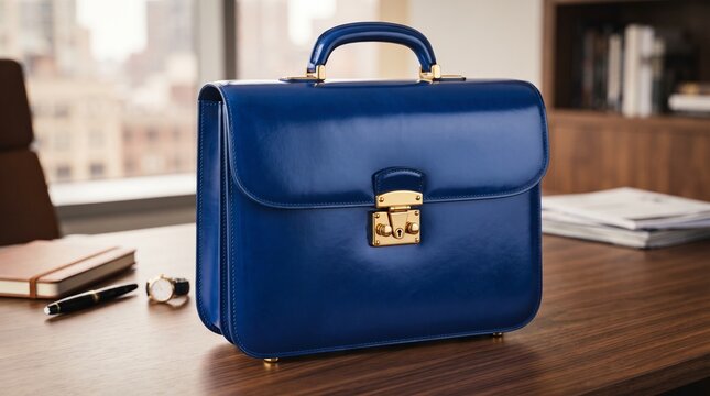 Classic blue leather briefcase with brass hardware placed on a wooden executive desk in a professional modern office with blurred city skyline view in the background, elegant corporate workspace decor