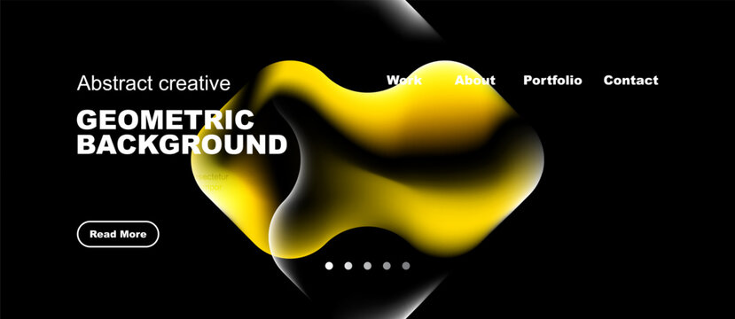 Dark background features vibrant yellow abstract shapes. White text displays website navigation options, plus read more button. Modern design.