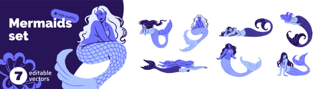 Mermaids set. Happy fantasy characters of sea. Beautiful sirens are swimming in water. Fairytale women of the ocean in different pose. Flat isolated vector illustrations on white background