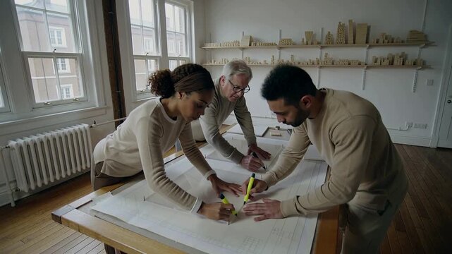 Starting review three designers in sweaters tracing plans in studio with guides and yellow markers