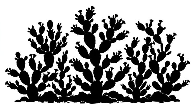 Silhouette of Prickly Pear Cacti with Flowers on White Background