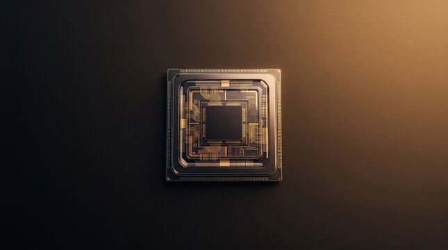 Macro view of a futuristic central processing unit CPU chip featuring complex integrated circuitry and glowing gold pathways on a dark background symbolizing high performance computing techn