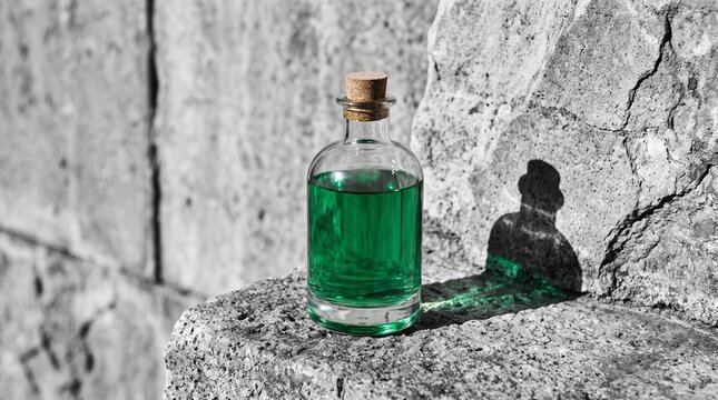 Small glass bottle filled with bright green liquid potion with cork stopper resting on weathered stone surface with high contrast lighting and long creative shadow for magic or fantasy conce