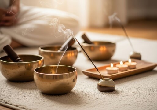 Tibetan singing bowls with incense and candles for meditation