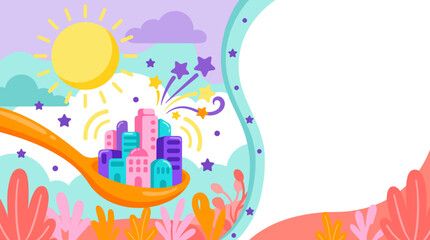 Obraz premium Bright sun shines above whimsical cityscape. Colorful buildings float on a spoon above vibrant grass. Stars burst from the spoon, adding magical charm
