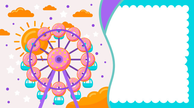 Ferris wheel spins brightly against sunny sky. Pastel clouds float above with twinkling stars. Purple frame borders white space for your text. Perfect for birthday invites or kids' party flyers