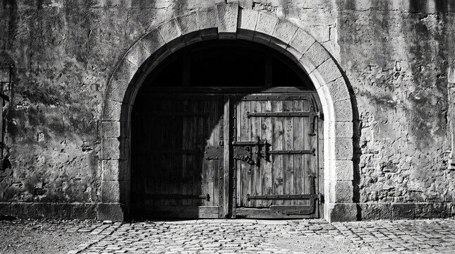 Stunning black and white architectural shot of a massive rustic wooden gate framed by an ancient arched stone entrance set within a weathered cobblestone wall creating a dramatic vintage moo