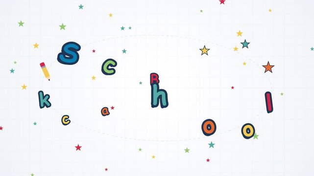 Animated cartoon letters orbiting on a white grid paper background back to school loop