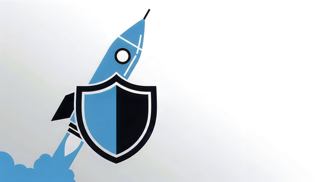 Rocket launching from shield logo representing secure cloud technology and fast digital protection.