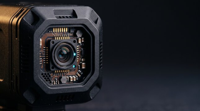 Close-up of a futuristic high-tech optical camera lens with exposed circuit board circuitry and gold connectors set against a dramatic dark moody background for modern technology concepts