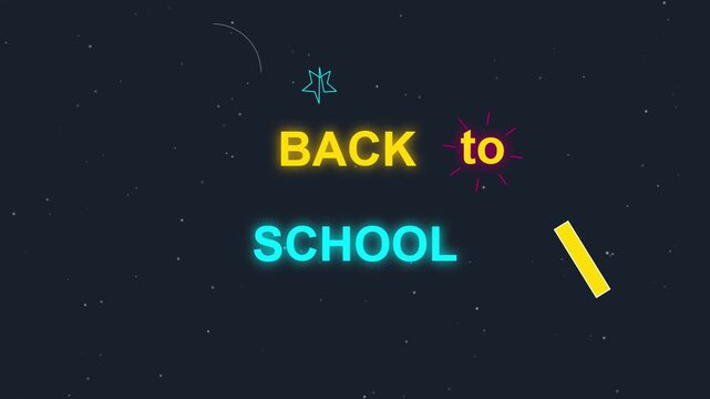Animated neon Back to School text title with glowing retro elements on dark starry sky