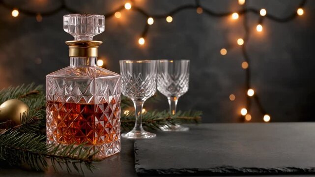 Faceted Glass Decanter with Amber Whiskey on Bar Counter with Bokeh Christmas Lights, Sophisticated Full HD Drinks Background
