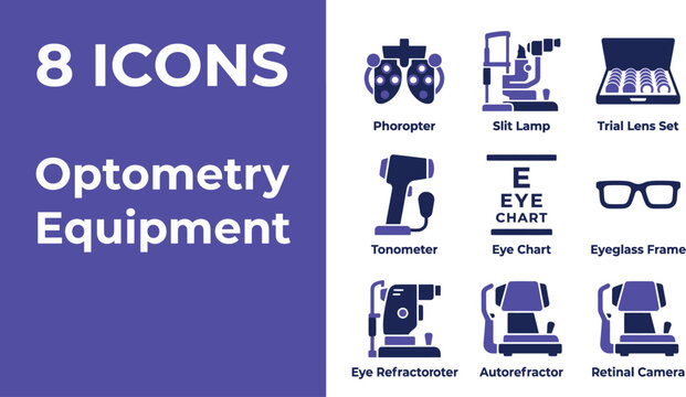 Optometry and ophthalmic diagnostic examination equipment icons displaying manual phoropter, slit lamp biomicroscope, trial lens set, applanation tonometer, Snellen eye chart, and autorefractor.