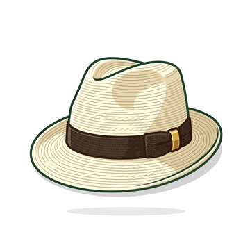 Modern flat vector icon of a classic and authentic straw fedora panama hat featuring a stylish brown fabric band with a gold buckle detail, ideal for summer fashion, vacation, and travel