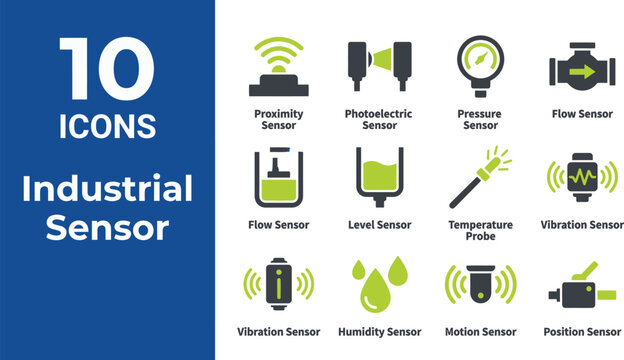 Industrial automation electronic sensor icons illustrating inductive proximity sensor, photoelectric optical sensor, piezoresistive pressure sensor, inline fluid flow meter, and level sensor.