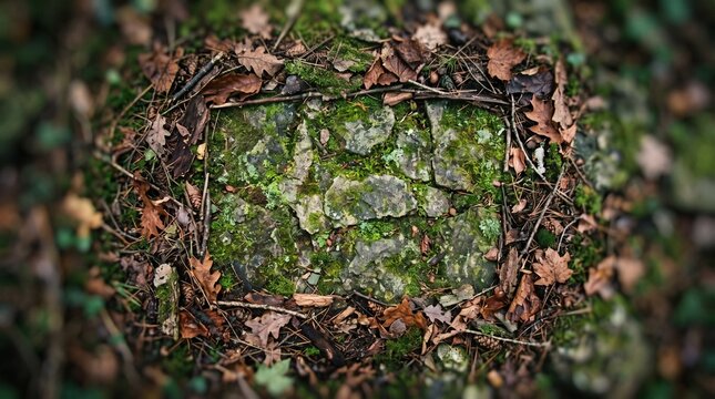 A high angle close up view of mossy rocks framed by autumn leaves and sticks on the forest floor with a soft tilt shift blur effect creating a mystical natural background texture