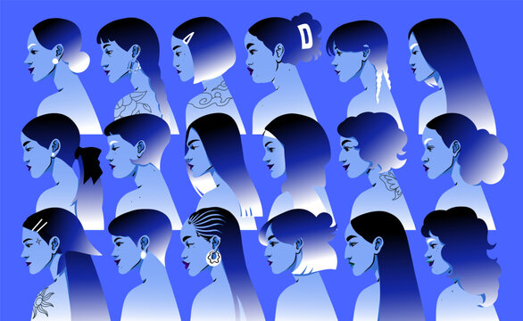 Portraits of women in profile. Set of girls head side view. Portraits of diverse women. People with different nationalities. Female profiles collection. Female faces side. Girls unity and equality