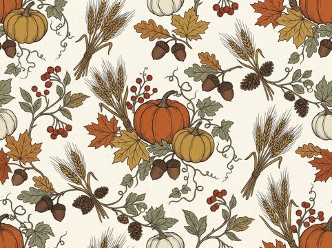 Autumn harvest seamless pattern with pumpkins, wheat, acorns, and fall leaves