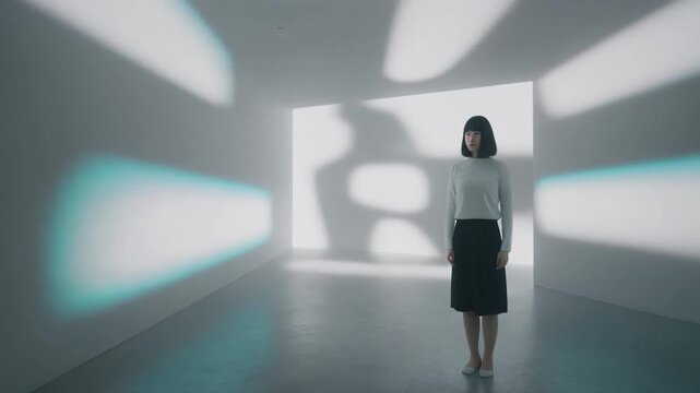 Lone Woman Standing Still in Abstract Bright White Interior with Moving Light Reflections and Shadows Full HD