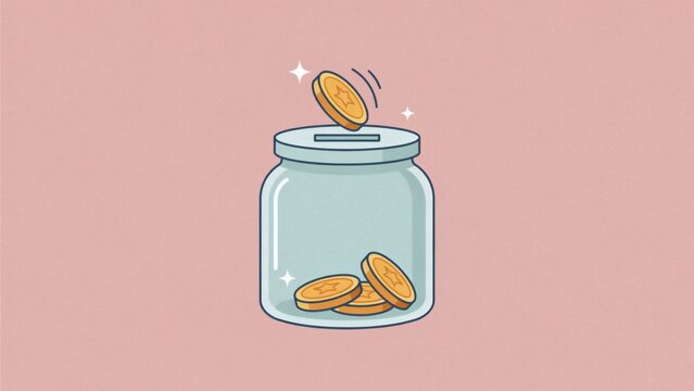 Flat vector illustration depicting gold coins dropping into a clear glass savings jar container with background subtle sparkling soft pink background