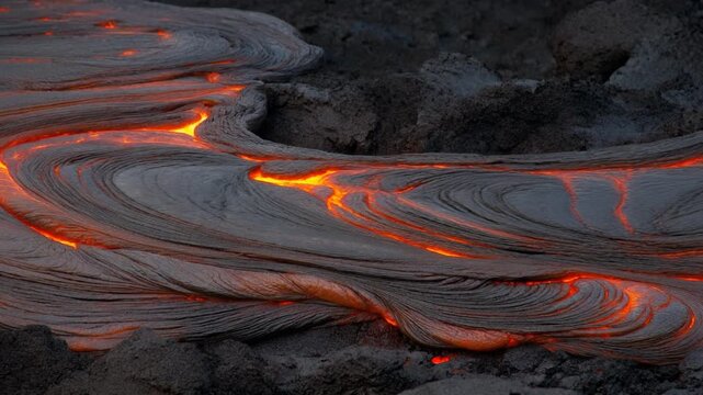 Detailed Close Up of Fresh Pahoehoe Lava Forming Smooth Rope Like Folds, Molten Rock Advancing Slowly, Full HD Motion