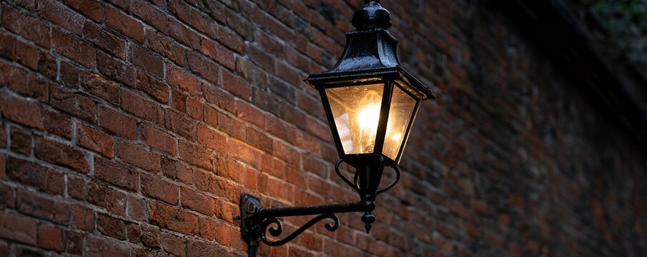 Antique wall lantern glowing on brick exterior at dusk