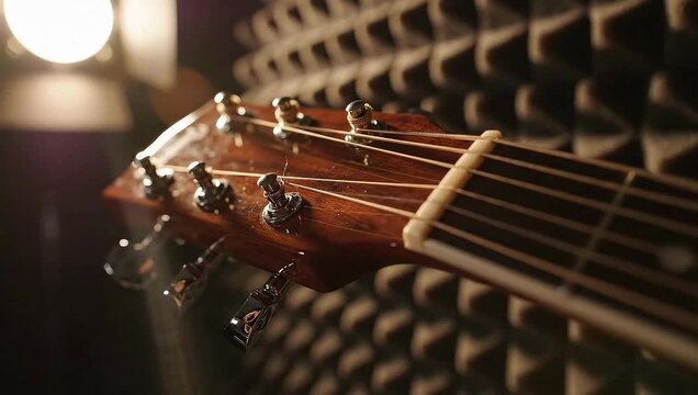 Extreme close-up of a wooden acoustic guitar headstock featuring chrome tuning pegs and steel strings, set against acoustic foam in a professional music recording studio.