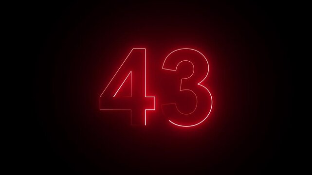 Glowing red neon number forty three isolated on a black background