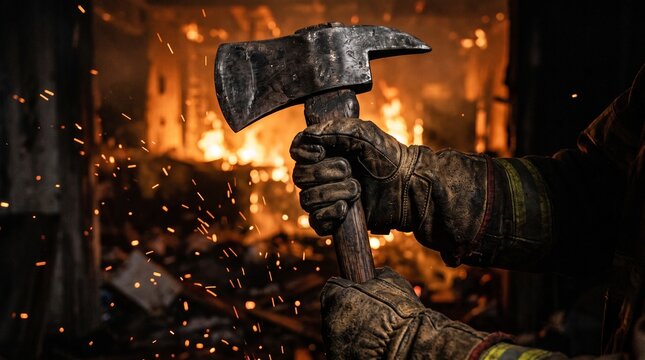 Firefighter holding a heavy axe in front of burning building inferno