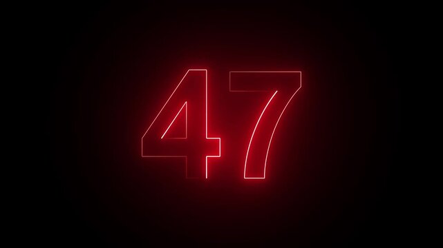 Glowing red neon number 47 isolated on a black background
