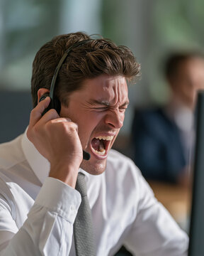 Customer Service Nightmare: A stressed call center employee shouts into his headset, his face contorted in frustration and anger as he deals with a difficult customer.