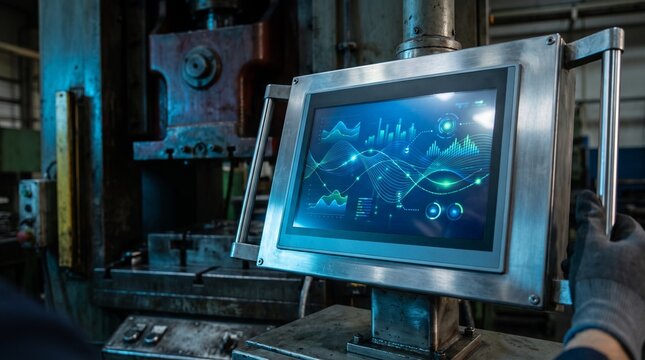 Conceptual image of an HMI panel displaying a textless OEE data visualization