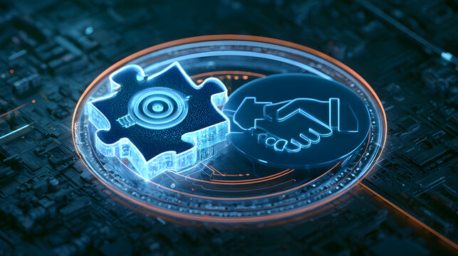 A strategic digital collaboration concept showcasing illuminated puzzle pieces linking a commercial objective with a futuristic handshake emblem in cyberspace